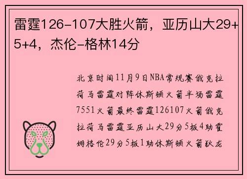 雷霆126-107大胜火箭，亚历山大29+5+4，杰伦-格林14分